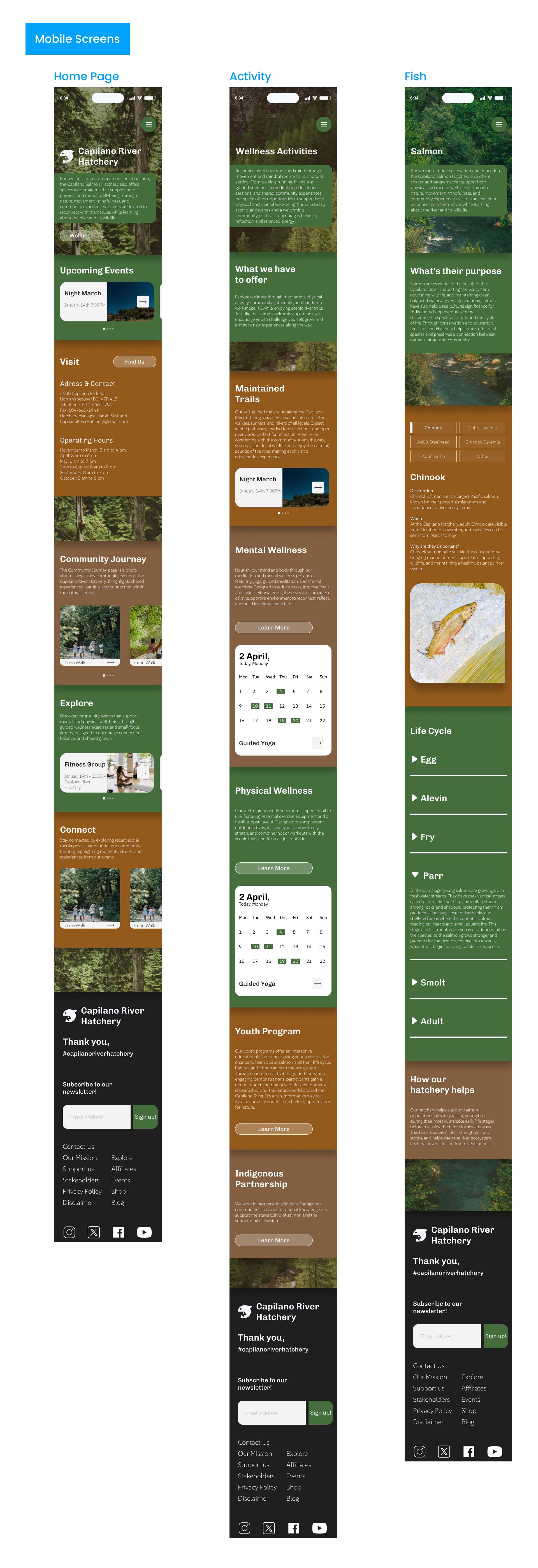 Mobile layouts for each of pages, home, activity and fish.